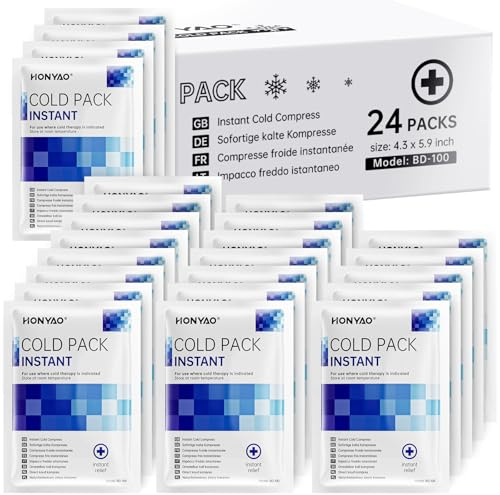 HONYAO Instant Ice Pack 24 Stycken, Instant Cold Packs för Engångsbruk, Kall Kompress för Smärtlindring, Svullnad Inflammation Stukningar, Sport Hem Resa Vandring