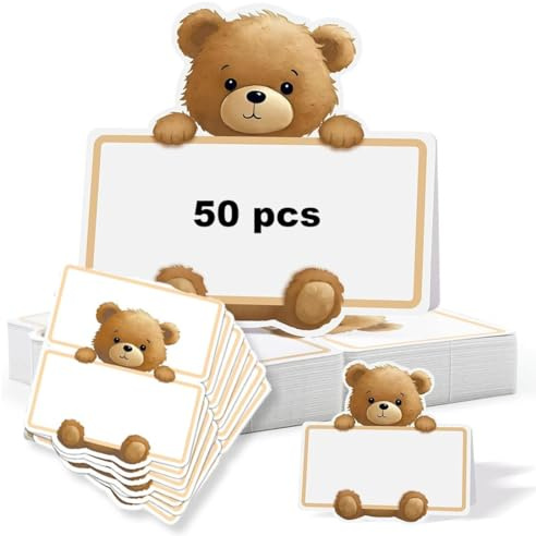 DLPRK 50 Cartes de Table Baby Shower - Marque-Places avec Motif Ourson Adorable - Étiquettes à Personnaliser - Décoration de Table pour Baby Shower, Baptême, Anniversaire Enfant & Fêtes