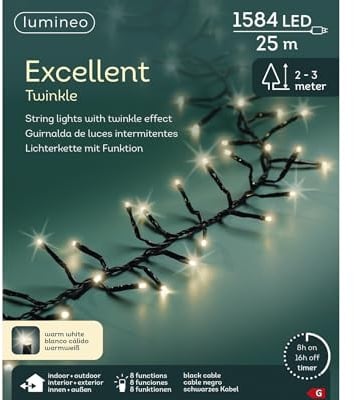 Lumineo EXCELLENT TWINKLE Lichterkette 1.584 LED 25 m warmweiß – mit 8 Lichtfunktionen & Timer 8 h, IP44 wetterfest, 30 m Gesamtlänge inkl. 5 m Zuleitung, LED Weihnachtsbeleuchtung für Innen & Außen