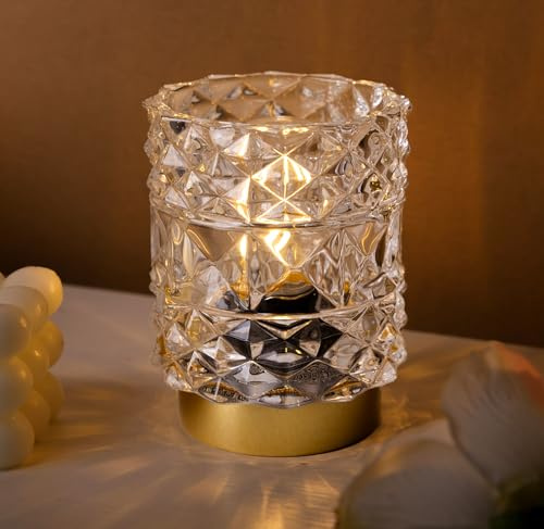 MJ PREMIER Tischlampe Kabellos Batteriebetriebene mit Timer Klar | Mini Glaslampe , Kleine Kristall-Leuchte für Schlafzimmer, Bad, Flur, Regal – Ohne Steckdose Nutzbar, für Dekoration