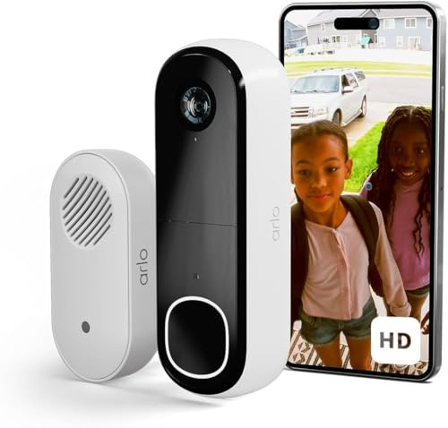 Arlo HD Battery Doorbell Camera Wireless, Alarm Siren, AI Detection, IP65 | Ring Chime Included, 180° FOV Video Doorbell Wireless/Hardwired possible, Night Vision, 12x Zoom, Alexa/Google, Award Winning