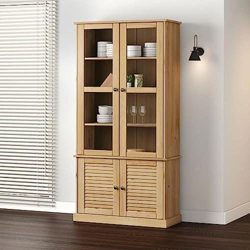 PHGTYUK VIGO Vigo Vitrine 85 x 35 x 170 cm en pin massif avec portes en verre et étagères pour collections et articles de décoration, design rustique avec boutons en métal, durable