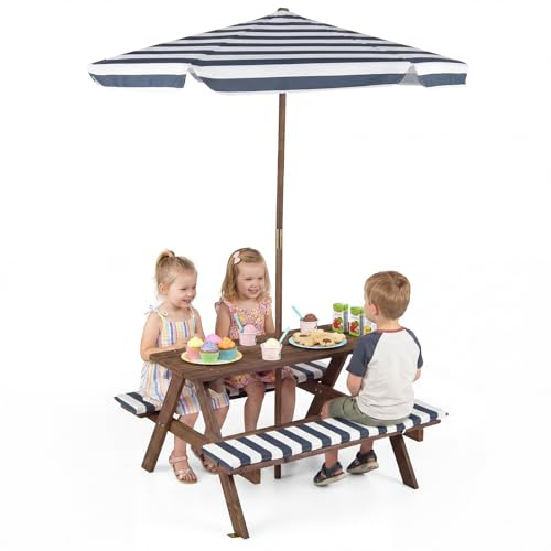 COSTWAY Conjunto de Mesa de Picnic con 2 Bancos para Niños, Juego de Mesa y Sillas para Niños de Madera con Sombrilla Plegable y Ajustable, Cojines para Asientos para Interiores y Exteriores