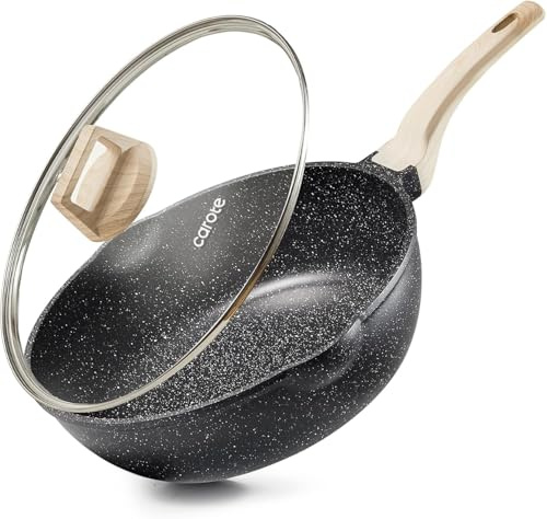 CAROTE 28cm Saute Pan with Lid,Non Stick Frying Pan PFOS & PFOA Free | Marble-Effect Coating，Heat-Resistant Handle，Suitable For All Stoves，Easy to Clean