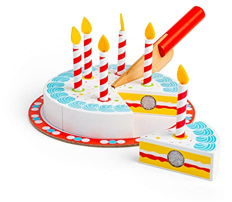 Bigjigs Toys Wooden Birthday Cake with Candles, 6 Slice Play Food Set