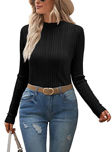 OUGES Women's Mock Turtle Neck Lightweight Jumpers Soft Ribbed Sweater Knitted Long Sleeve Top(Black, M)