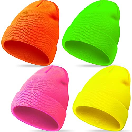 Neon Beanie Mütze Slouchy Beanie Cap Unisex Strickmütze Wintermütze Ski Einfarbig Beanie Cap für Damen und Herren, Grün, Gelb, Orange und Pink, Einheitsgröße