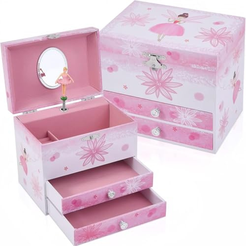 TAOPU Schmuckkästchen mit Feenmotiv für Mädchen mit 2 Schubladen, Kinder-Spieluhr mit drehender Ballerina, Geschenk für kleine Mädchen, Alter 3–12 Jahre