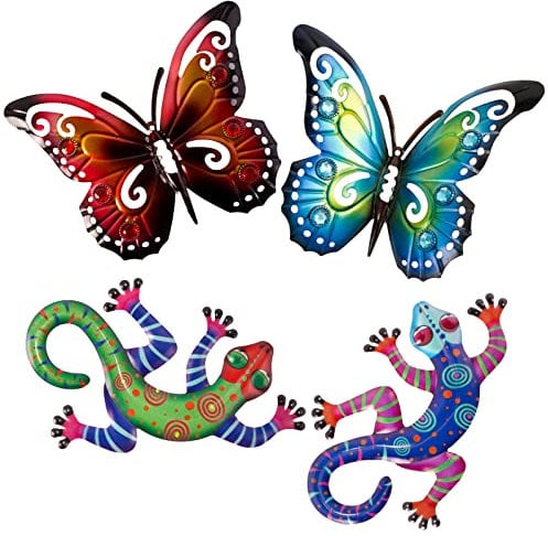 VINFUTUR 2 Pz Farfalle da Parete in Metallo 2 Pz Geco in Metallo da Parete Decorazione Parete Metallo Arte da Parete in Metallo per Soggiorno Camera da Letto Giardino Recinzione