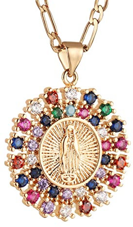 HZMAN 14K vergoldet Runde hohle Jungfrau Maria Gebet Halskette Unsere Liebe Frau von Guadalupe Multicolor Cubic Zirkonia Amulett Anhänger für Frauen Tochter Schmuck Geschenk