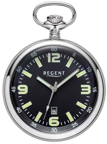 Regent Herren Taschenuhr Edelstahl 50 MM Quarz Schwarzes Zifferblatt Arabische Zahlen Datum P-742