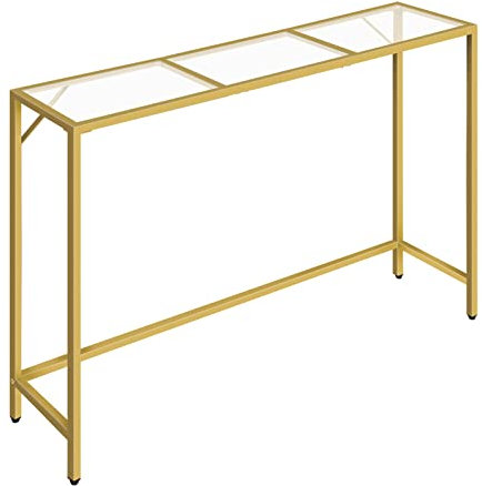 MAHANCRIS Table d'Entrée, Bout de Canapé en Verre Trempé, Table Console Moderne, Table d'Entrée Étroit, Bout de Canapé Fin avec Cadre en Métal Noir, Facile à Assembler, pour Entrée, Or ACTJ101B01