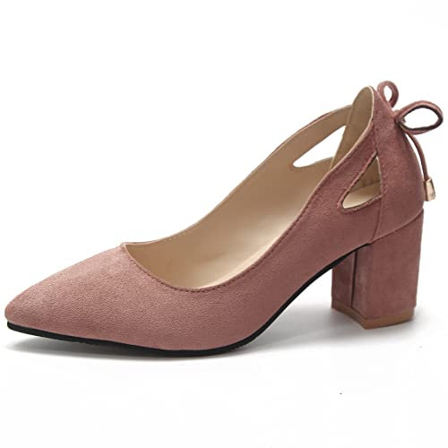OALEEN Chaussure Escarpin Femme Elégante Style Suède Talon Haut Carré Noeud Bout Pointu Eté Soirée Mariage Rose Poudré 37