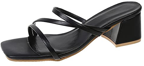 OALEEN Sandales Talon Femme Eté Confortable Bout Carré Lanière Nu-pieds Style Cuir Plage Soirée Mariage Chaussures Noir 44