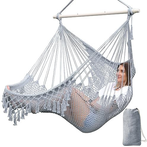 Chihee Columpios Hamaca Silla Súper Grande Silla Colgante Tejido de Cuerda de Algodón Hilado Suave Silla, Colapsable Fuerte Barra de Metal Spreader Asiento Ancho Encaje Stretch Swing Silla