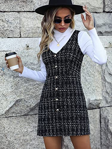 Women's 2023 Summer Short Dress Plaid Single Breasted Tweed Dress Without Sweater Sleeveless Casual
