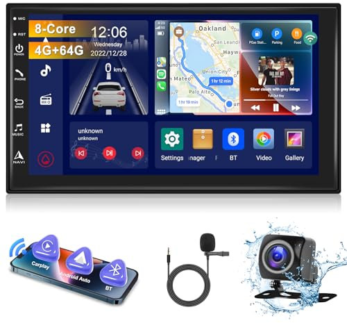 Android Autoradio 8-Core 4G+64G mit Carplay, Android Auto, Mirror Link 2 Din 7 Zoll IPS Touchscreen Radio mit GPS Navi, Bluetooth 5.1, FM/AM/RDS Radio WiFi 4G DSP, Kamera Autoradio Doppel-Din