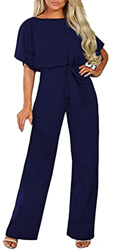 Sweezarmo Damen Elegante Halbe Ärmel Laterne Ärmel Jumpsuit Mit Gürtel Weites Bein Hose Jumpsuit S Klein Blau