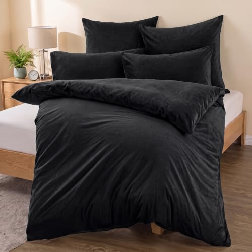 Soifox Flanell Winter Warm Plüsch Bettwäsche 155x220 2teilig Schwarz | Flauschig Fleece Kuschelig Weich Winterbettwäsche Kuschelbettwäsche Flanellbettwäsche, Samt Cashmere Touch, 60°C waschbar