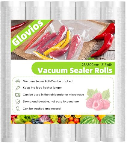 Vakuumierbeutel, Glovios 5 Rollen 28x300cm Vakuumbeutel Lebensmittel, Vakuumierfolie Beutel Vakumierbeutel für Folienschweißgerät Vakuumiergerät, Kochfest und Sous Vide