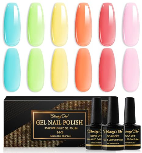 Shining She Smalto Semipermanente Trasparente,6 Colori Jelly Neon Blu Verde Giallo Rosa Rosso Smalto Semipermanente Unghie Arancia Soak Off UV LED French Manicure Arte Nail DIY,8ML