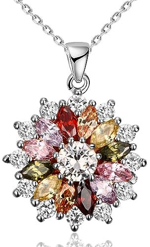 VONSSY Colorful Snowflake Pendant Necklace Earrings Rose Gold Cubic Zirconia | Crystal Sweater Chain | Multi Gemstone