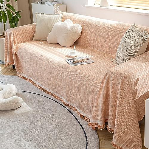 Homxi Sofabezug 4 Sitzer Big Sofa,180x380CM,Sofabezug Universal Einfarbig mit Quaste Leinen Baumwolle Sofa Überwurf Handtuch Sofa Orange Sofabezug