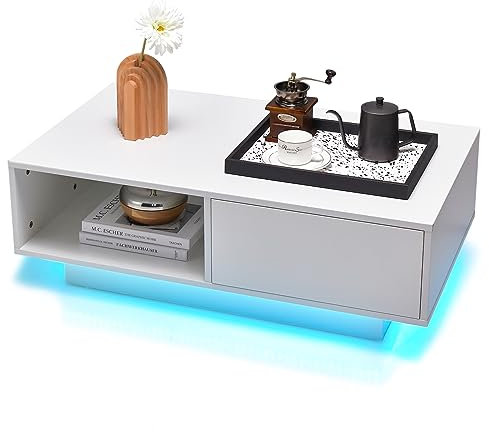 COSTWAY LED Coffee Table, Modern Cocktail Centre Table with 20 RGB Light Colors, Adjustable Brightness, Drawer and Storage Shelf, Wooden Rectangle Smart End Sofa Side Table for Living Room (White)