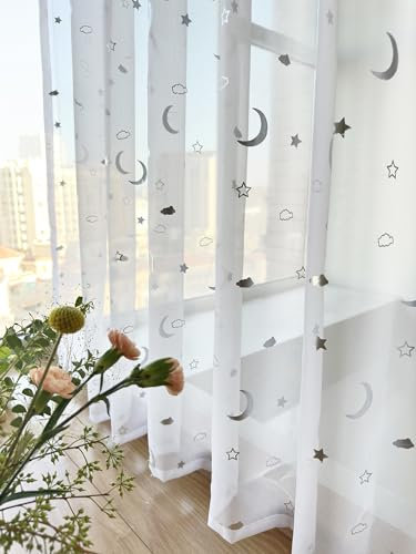 Devola Gardine mit Glanzdruck Transparent Vorhänge Voile Gardinenschal Wohnzimmer Gardinen Sterne Kinderzimmer Schiebevorhänge Modern HxB 145x140cm Sternmuster mit ösen 1 Stück
