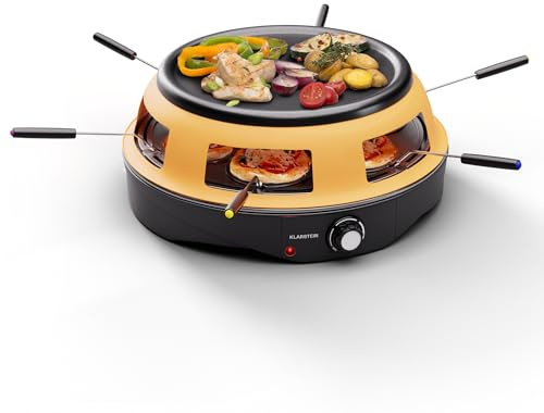 Klarstein 3-in-1 Raclette-Tischgrill mit Steinplatte & Pizzaofen, Grill für 6 Personen, Gerät mit 6 Pfännchen, Indoor Raclette-Ofen Groß für Käse, Fleisch & Mini Pizza