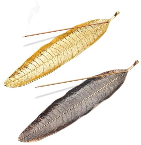 SWYSGS Porte-Encens, 28 cm Support d’encens Métallique Brûleur d'encens en Forme de Feuille, Porte-Bâton d'encens Cendrier Porte Encens Batonnet Décor À la Maison Parfum(Or/couleur bronze)