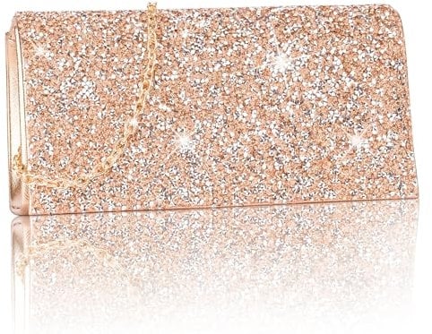 Larcenciel Damen Clutch, Glitzer Handtasche mit Abnehmbarer Kette, Rosegold Strass Abendtasche für Braut, Funkelnde Elegant Umschlag Crossbody Schultertasche für Hochzeit, Party, Date, 20x5x10cm
