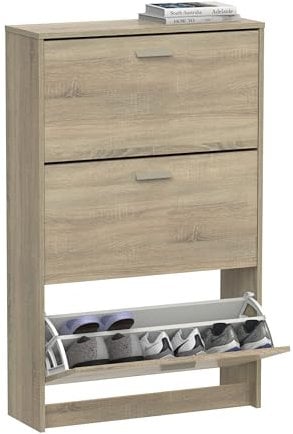 MUEBLES PITARCH | Zapatero Recibidor Mueble Auxiliar Estrecho 3 Puertas para Entrada Roble Cambrian, 18 Pares de Zapatos, 82x74x25cm, Colección Tibet