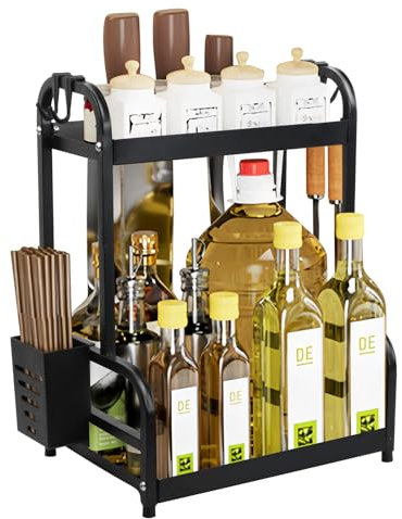 Gewürzregal Stehend,2 Etagen Küchenregal mit 4 Haken und 1 Besteckhalter,30x22,5x40cm Gewürzständer Gewürzregalsystem,Gewürz-Organizer für Küche Arbeitsplatte Esszimmer Speisekammer Badezimmer,Schwarz