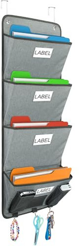 Jeesblsy Organiseur de Dossiers de Bureau à Suspendre au Mur, Organiseur en Tissu 4 Poches Verticales Porte-revues A4 Porte Documents Mural Rangement Courrier à Suspendre pour école (Gris)