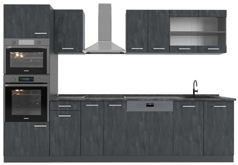 Vicco Küchenzeile R-Line, Küchenblock, Schwarz Beton/Anthrazit, 300 cm AP Marmor