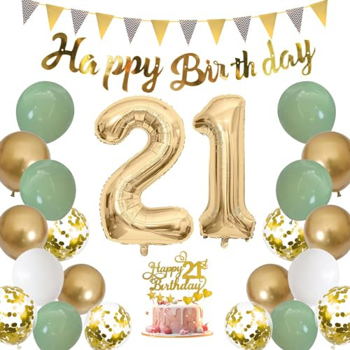 Moorle Salbeigrüne Geburtstagsdeko für Mädchen 21 Jahre - Grün Weiß Gold Luftballons, Banner, Flaggen und Tortendeko für 21. Geburtstag Frau Dekoration