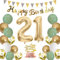 Moorle Salbeigrüne Geburtstagsdeko für Mädchen 21 Jahre - Grün Weiß Gold Luftballons, Banner, Flaggen und Tortendeko für 21. Geburtstag Frau Dekoration