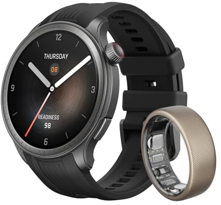 Amazfit Balance Smart Watch, NFC kontaktlose Zahlung, AI Fitness Coach Schlaf & Gesundheit Tracker mit Körperanalyse, GPS, Alexa, Bluetooth Anrufe, AMOLED, 14 Tage Akkulaufzeit & Helio Ring Größe 10