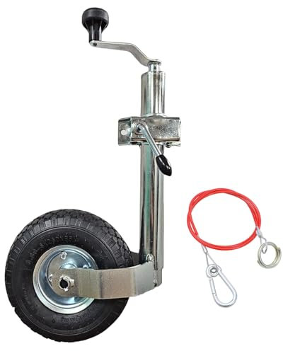 KATSU Rueda Jockey 48 mm con 10 Neumático de Goma con Soporte y 1m Cable de Acero Inoxidable para Coche Remolque Caravana Acoplamientos Acero Galvanizado