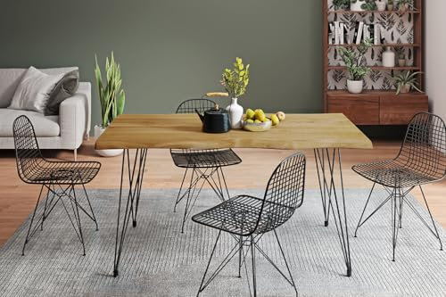 SEART Esszimmertisch ROMANTEKA, massiver Esstisch aus Eichenholz, Baumkantentisch, Metallbeine Schwarz (80x140 cm, Roh)