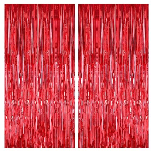 2pcs Red Glitter Tinsel Curtains, 1 * 2m Shimmer Party Foil Door Curtains Metallic Fringe Tassel Tinsel Backdrop for Birthday Christmas Party Decorations