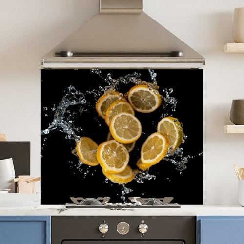 Toughened 6mm Glass Kitchen Splashback 90 x 75cm Lemon Splash - Polished Edge Heat Resistant Back Splash for Cookers Hob