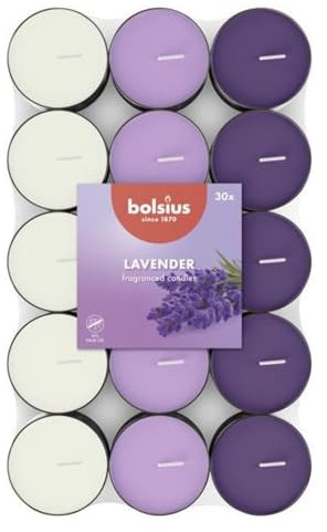 Bolsius - 30 velas de té perfumadas - Lavanda - Duración de combustión de 3,5 horas - Diámetro 38 mm – Extractos naturales – Contiene cera vegana – Sin aceite de palma