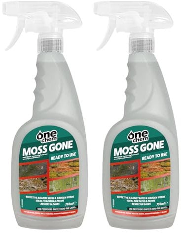 One Chem Moss Gone Moss Killer, 2 x 750 ml, For Paths, Patios, Roofs, Walls, Tarmac, Gravel
