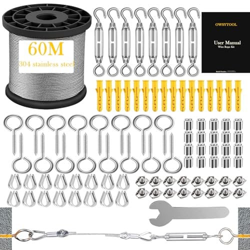 OWSYTOOL Garden Wire for Climbing Plants, 60M 2mm Wire Rope Kit, Vinyl Coated 304 Stainless Steel wire with Turnbuckles, String Lights Hanging, Outdoor Camping, Clothes line, Curtain (60M 2MM)
