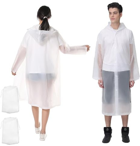 WYTNB 2 Stück Regenponcho Damen Herren Wasserdicht, Wiederverwendbarer Regenmantel mit Hut, EVA Wasserdicht Regencape, Tragbarer Poncho Regen, Weißer Regenmantel mit Kordelzug für Wandern Camping