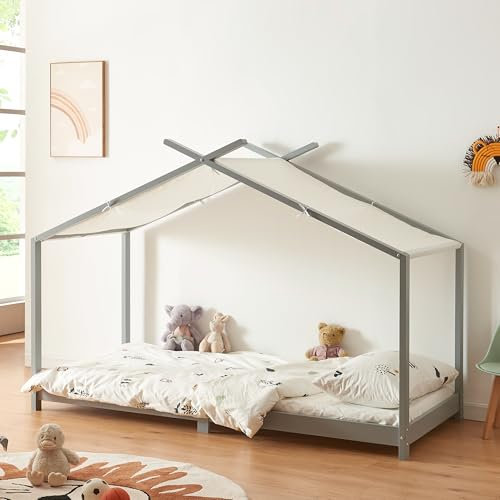 [en.casa] Kinderbett Brome Hausbett 90 x 200 cm Jugendbett Bettenhaus Spielbett mit Lattenrost und Abnehmbarem Stoffdach Montessori Bett aus massiver Kiefer Bettgestell Holz Grau