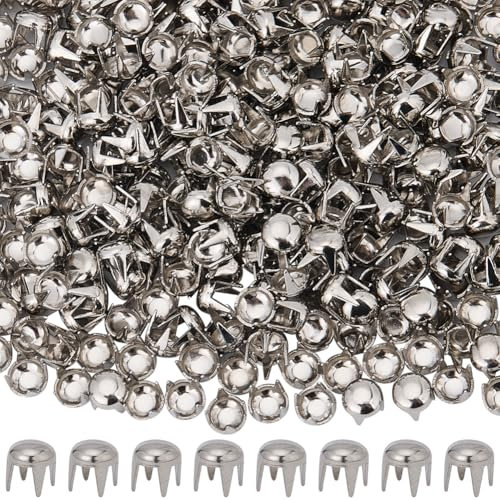 SUNNYCLUE 1 Box 400Pcs Rivet Dome Studs Round Clothing Studs 4mm Brass Platinum Four Claw Head Spike Prong Spots Mushroom Rivets Nailheads for Leather Craft Clothes Belt Bag Shoes DIY Accessories