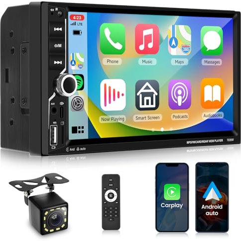 Podofo 2 DIN Radio de Coche inalámbrico Carplay Android Auto, 7 Pulgadas de Pantalla táctil de Radio Bluetooth 5.0 FM Volante de Control Airplay cámara Trasera EQ USB